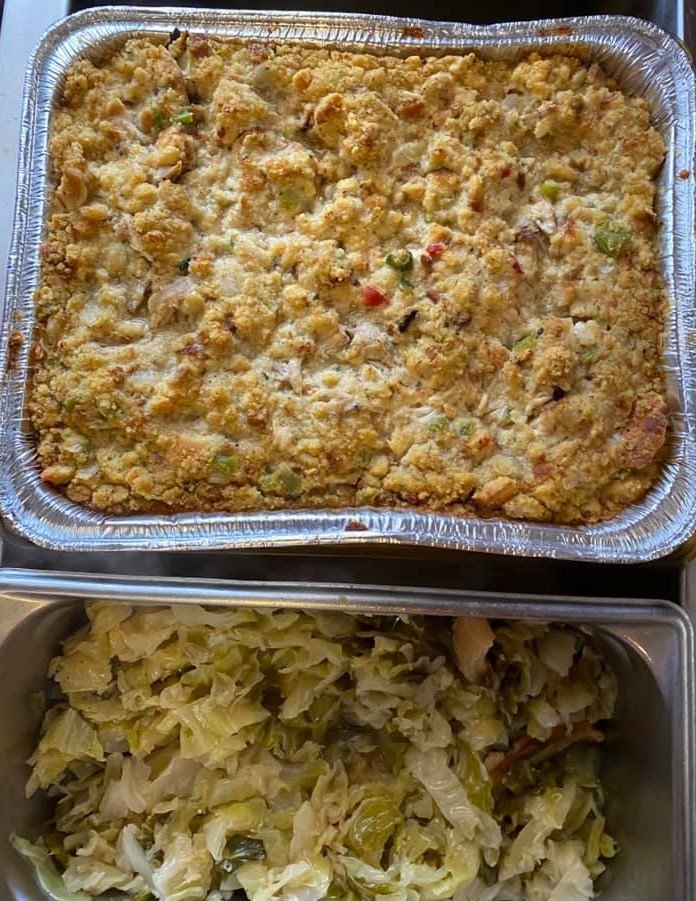 44 Takeout — cornbread dressing and smothered cabbage, catering trays