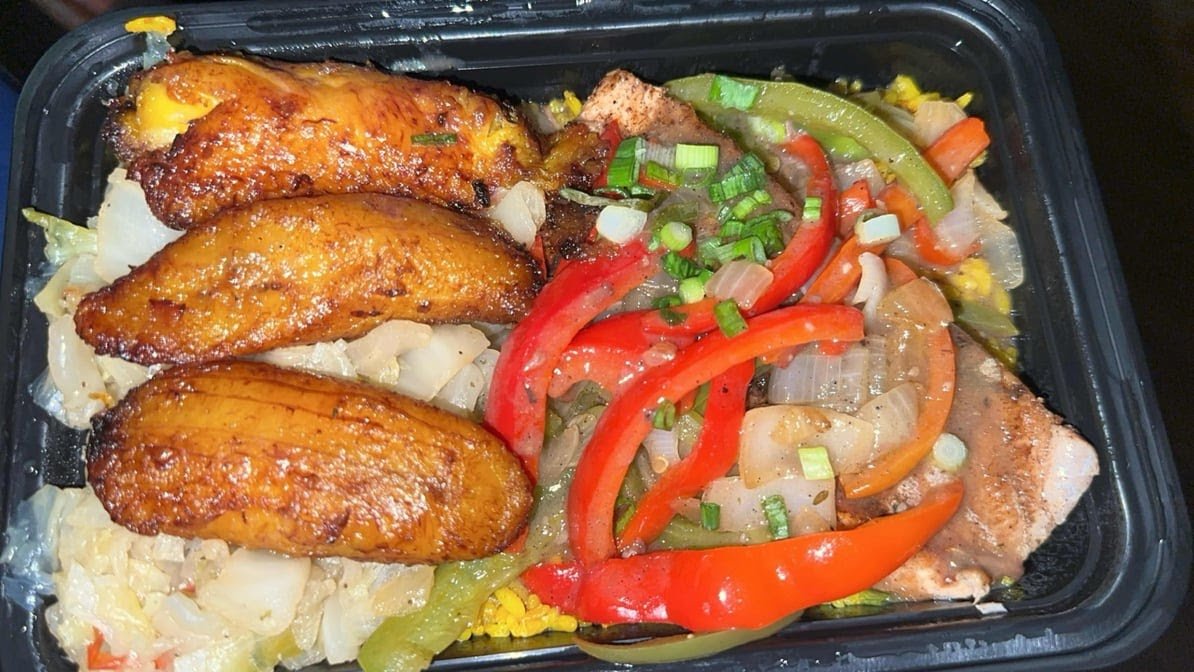 JerkCity Grille — jerk salmon with sautéed peppers and sweet plantains