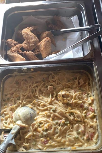 44 Takeout — fried wings with chicken pasta in cheese sauce, catering trays
