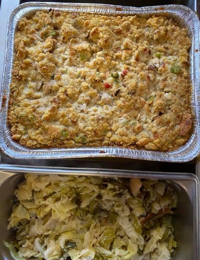 44 Takeout — cornbread dressing and smothered cabbage, catering trays