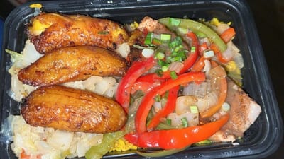JerkCity Grille — jerk salmon with sautéed peppers and sweet plantains